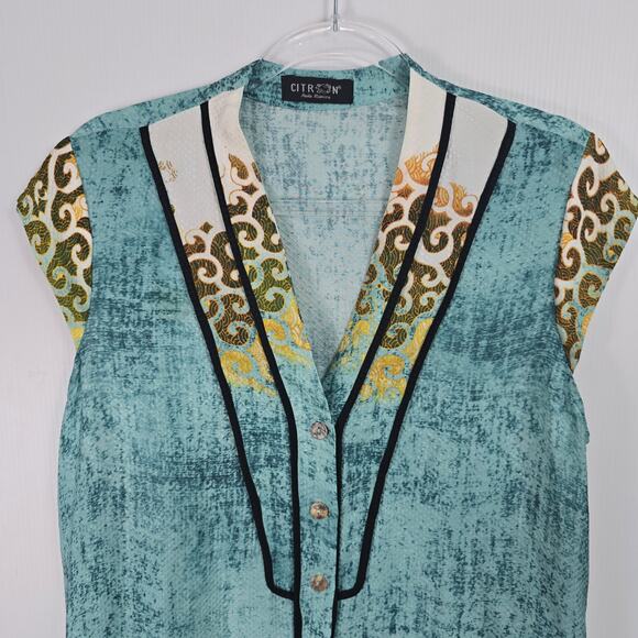 Citron Silk Sleeveless V-Neck Top Floral Koi Snake Textured Print Long Line M - Picture 3 of 8